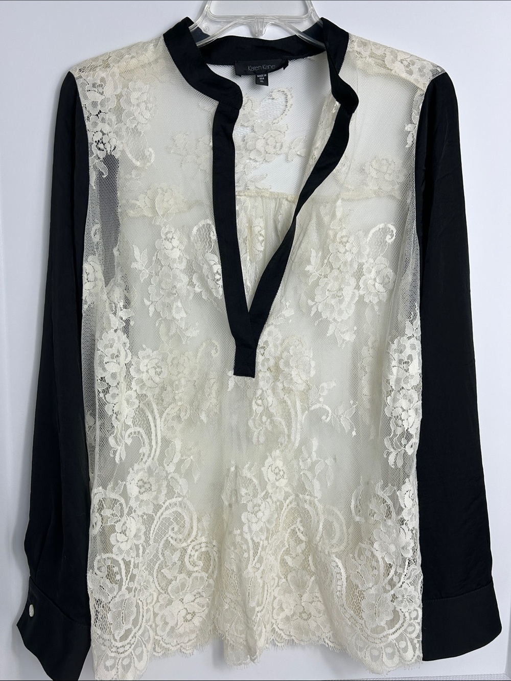 Karen Kane Women’s Size XL Cream Lace Blouse Black Sleeves V Neckline Sheer
